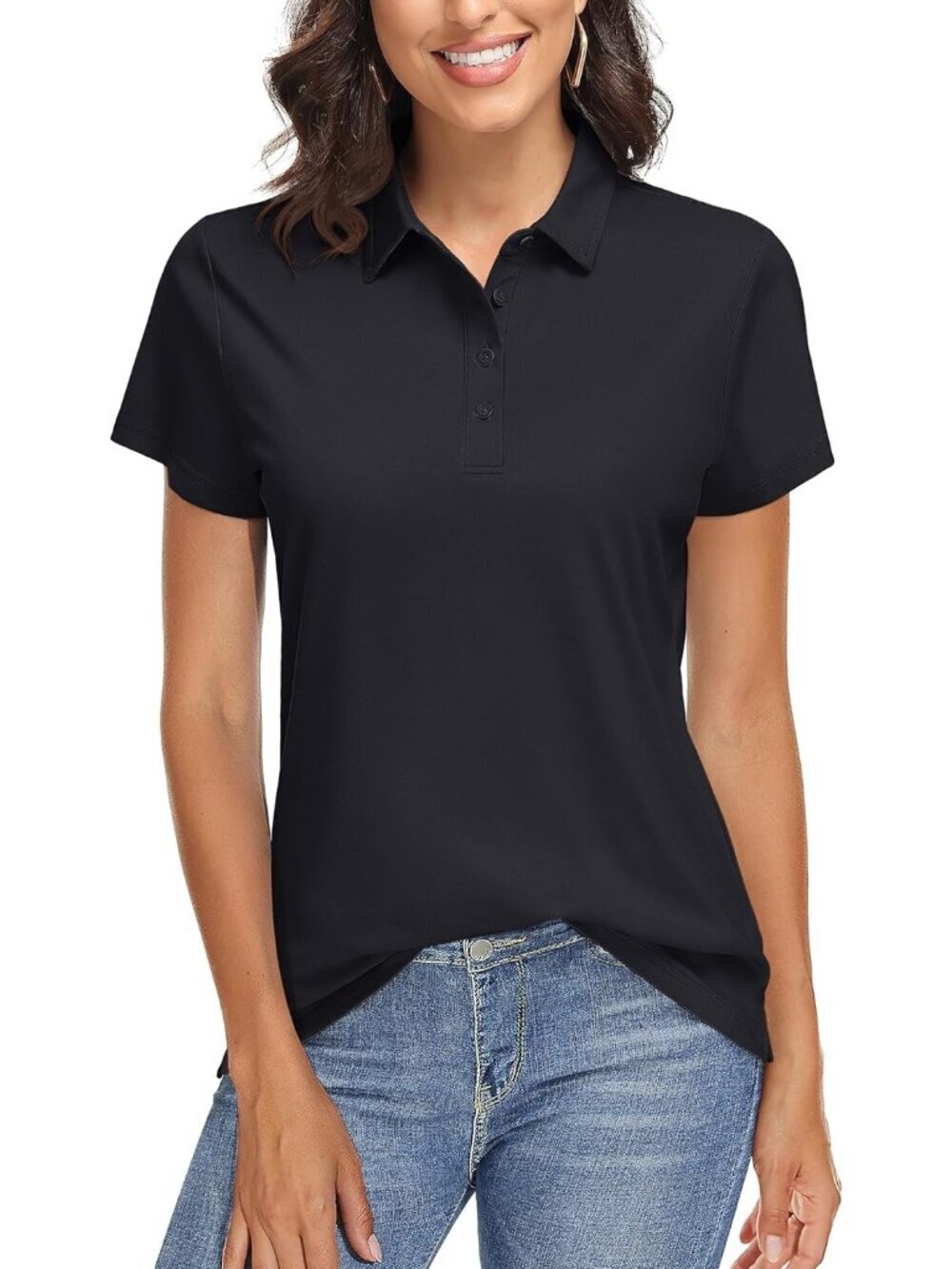 Women's 01-black Golf Polo Shirt Short Sleeve UPF 50+ Sun Protection Quick Dry